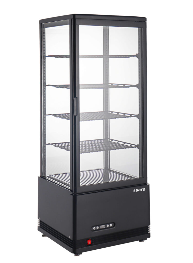 Kühlvitrine mit neuer Luftführungstechnologie, die auch die Frontscheiben von außen belüftet, um Kondenswasserbildung und beschlagene Sichtflächen zu vermeiden.